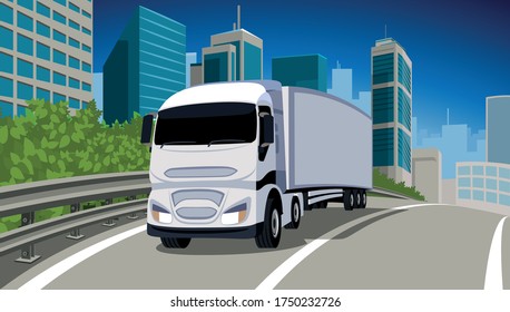 Freight truck travel on a highway, cross a megalopolis with skyscrapers, Road transport concept