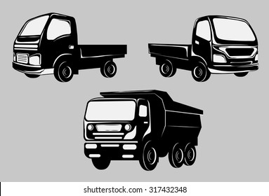 Freight Trucks vector black and white image design set for your illustration, decoration,  labels, posters, stickers and other printing needs.  