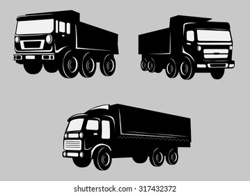 Freight Trucks vector black and white image design set for your illustration, decoration,  labels, posters, stickers and other printing needs.  