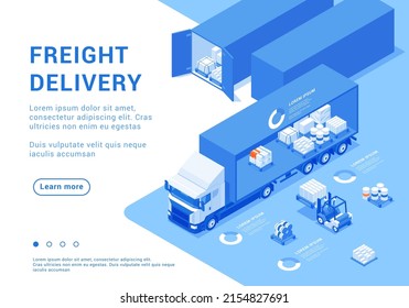 Freight unloading truck delivery logistic international service isometric landing page scheme vector illustration. Cargo shipment warehouse global import export transportation. Courier distribution