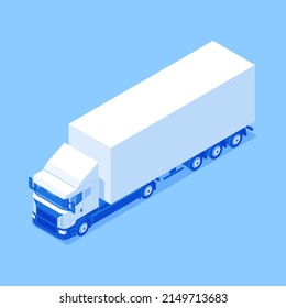 Ilustración vectorial isométrica del contenedor de transporte de mercancías pesadas de la camioneta. Envío de pedido urgente internacional de la empresa comercial de carga de automóviles. Carga industrial de camiones automotores