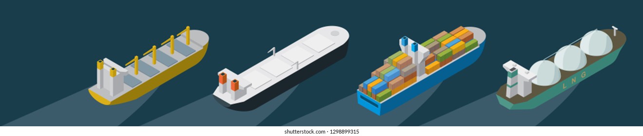 Freight vessels isometric set, rear side view. Commercial cargo ships, maritme transport, sea containers, dry-cargo, LNG and petroleum delivering. Vector