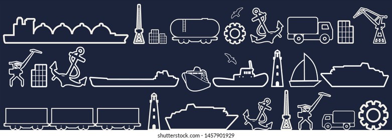 Freight vessels and other sea port symbols. Maritime transportation concept. Thin line icons.