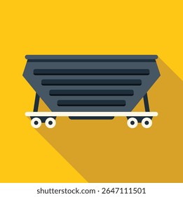 Freight wagon with coal for transporting cargo on rails on yellow background in flat style