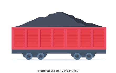Freight wagon transporting coal pile. Mining industry equipment. Underground minerals extraction and transportation. Vector illustration svg