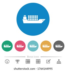 Freighter flat white icons on round color backgrounds. 6 bonus icons included.