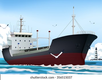 freighter ship in the ocean and blue sky background vector