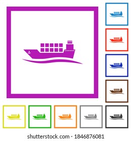 Freighter with wave flat color icons in square frames on white background