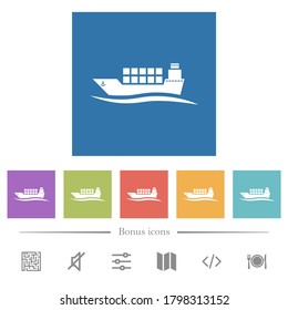 Freighter with wave flat white icons in square backgrounds. 6 bonus icons included.