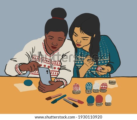 Freinds painting easter eggs. Black, african and asian girls drawing ornament on egg. Flat spring characters on cartoon background.Vector holiday illustration. Good for web banner, card, poster, print