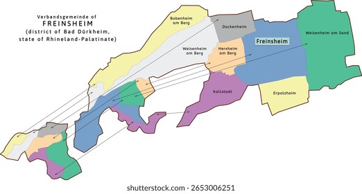 Freinsheim verbandsgemeinde mapa do distrito de Bad Dürkheim, Renânia-Palatinado (Renânia-Palatinado) estado na Alemanha. Vetorizado. Cores retroativas