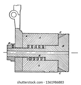 Freire Gas Check is a device for preventing the escape of gas through the vent or around the breech mechanism which closes the rear end of the bore, vintage line drawing or engraving illustration.