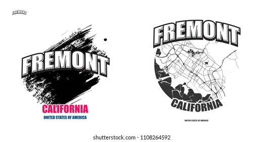 Fremont, California, logo design. Two in one vector arts. Big logo with vintage letters with nice colored background and one-color-version with map for every possible print production.