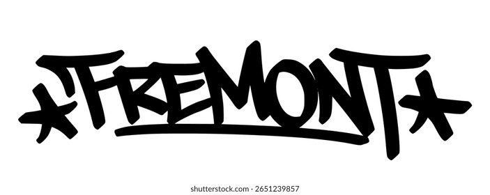 Marca de grafite Fremont em letras negras em fundo transparente. Design equilibrado e nítido com borda moderna da costa oeste e fluxo de rua digital