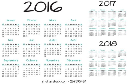 French 2016 2017 and 2018 year vector calendar