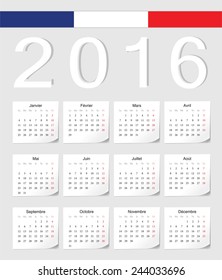 French 2016 vector calendar with shadow angles. Week starts from Monday.