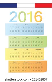 French 2016 vector color calendar. Week starts from Monday.