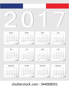 French 2017 vector calendar with shadow angles. Week starts from Sunday.