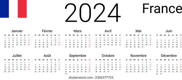 French 2024 calendar. Vector illustration design template start from monday. Months  written in French  for wall calendar