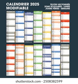 
Calendario francés 2025 con vacaciones escolares, semanas, festivales y días festivos. Editable, capas. 14 meses