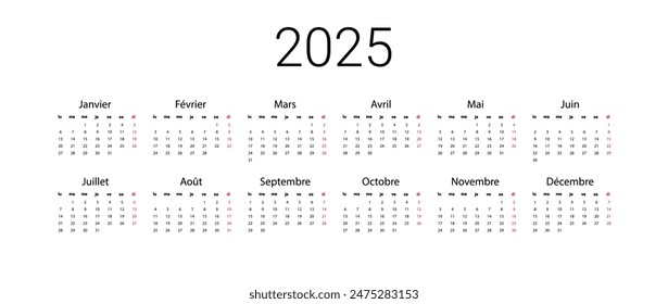 French 2025 calendar. Vector illustration design template start from monday. Full months for wall calendar