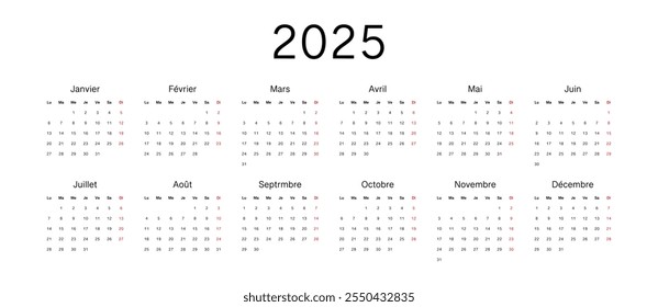 French 2025 calendar. Vector illustration design template start from monday. Full months for wall calendar, vector 10 eps.