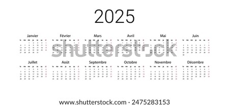 French 2025 calendar. Vector illustration design template start from monday. Full months for wall calendar