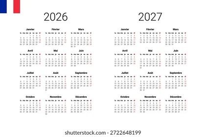 French 2026, 2027 calendar. Vector illustration design template start from monday. Full months for wall calendar. isolated wall background.