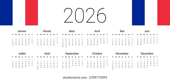 French 2026 calendar template. Vector illustration design template start from monday. Full months for wall calendar. isolated wall background.