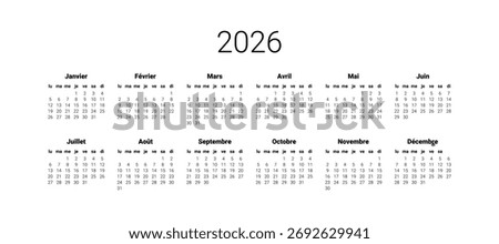 French 2026 calendar. Vector illustration design template start from monday. Full months for wall calendar. isolated wall background.