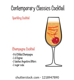 French 75 alcoholic cocktail vector illustration recipe isolated
