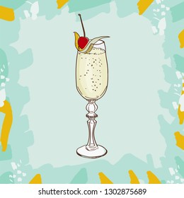 French 75 classic cocktail illustration. Alcoholic bar drink hand drawn vector. Pop art