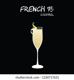 French 75 Cocktail Illustration in vector with lemon twist on square black background.