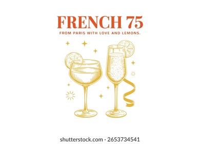 Francês 75 Lemon Champagne Cocktail Art Tipografia T Shirt Design