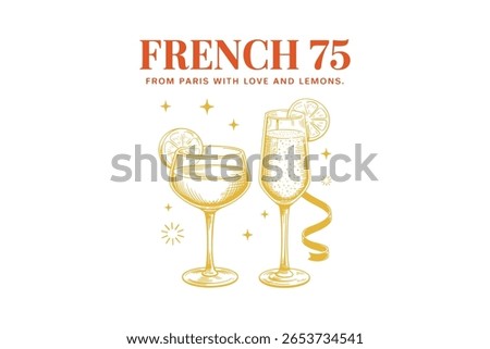 French 75 Lemon Champagne Cocktail Art Typography T Shirt Design