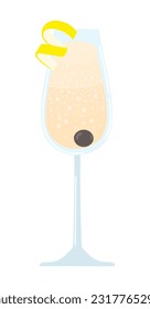 French 75 with lemon curl and olive. Classic alcohol cocktail in the bar glass.