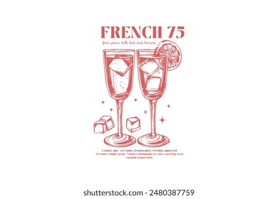 French 75 From Paris With Love And Lemons, Vintage Summer Cocktail T shirt Design