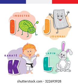 French alphabet. Insect, newspaper, karate, rabbit. Vector letters and characters.