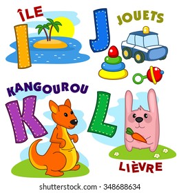 French alphabet with letters a I J K L to the island and pictures, toys, kangaroo, rabbit.