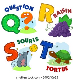 French alphabet with letters a Q R S T in the picture, and the question, grapes, mouse, turtle.