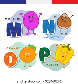 French alphabet. Monster, hazelnuts, orange, pepper. Vector letters and characters.