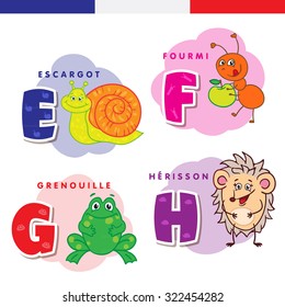 French alphabet. Snail, ant, frog, hedgehog. Vector letters and characters.