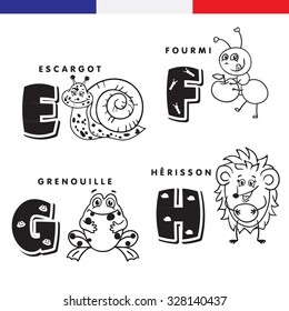French alphabet. Snail, ant, frog, hedgehog. Vector letters and characters.