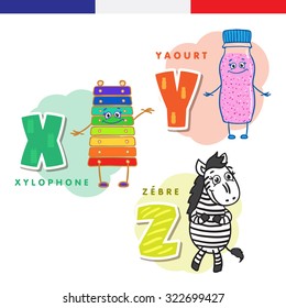 French alphabet. Xylophone, yogurt, zebra. Vector letters and characters.