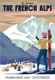 The French Alps Ski resort poster, retro. Mont Blanc Winter travel card, girl with ski