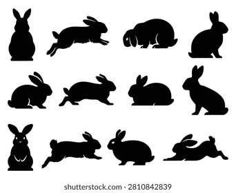 French Angora Rabbit Silhouette Vector Set - Fluffy Bunny and Hare Clipart