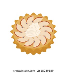French apple pie in flat design. Sweet traditional pastry with fruit and cream. Vector illustration isolated.