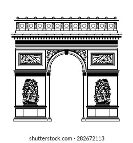 French Arc de Triomphe in black-and-white color. Silhouette of Paris landmark. Qualitative vector illustration for travel, France, vacation, sightseeing, Paris, tour, etc. It has only solid color
