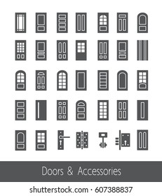 French, arch, glass door and hardware. Line icon collection. Architecture elements. 