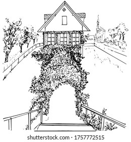 Arquitectura francesa. Esbozo lineal de una casa antigua en Estrasburgo. Dibujo hecho a mano.  Lugares De Alsacia. Páginas de coloración para niños y adultos. Para postales, guías de viaje y diseño.